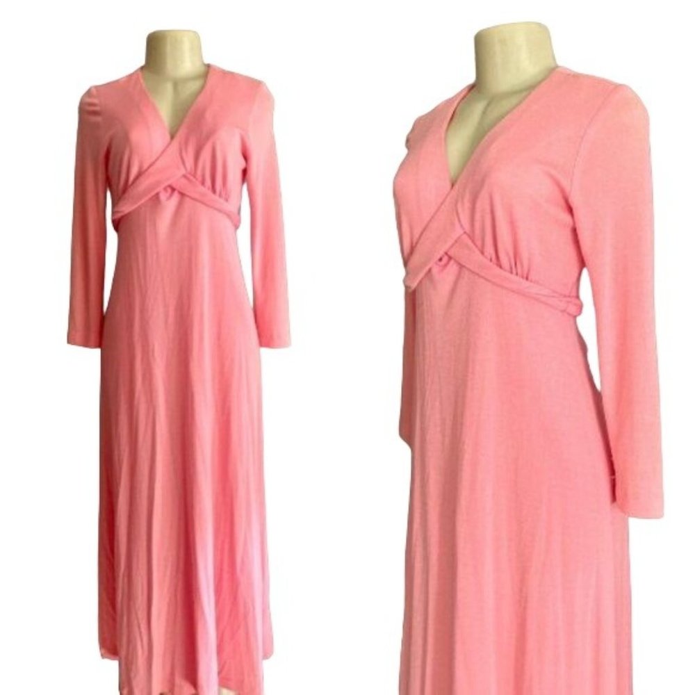 1970s Kelly Arden Maxi Dress in Pink Long Sleeves sz S M retro designer vintage
